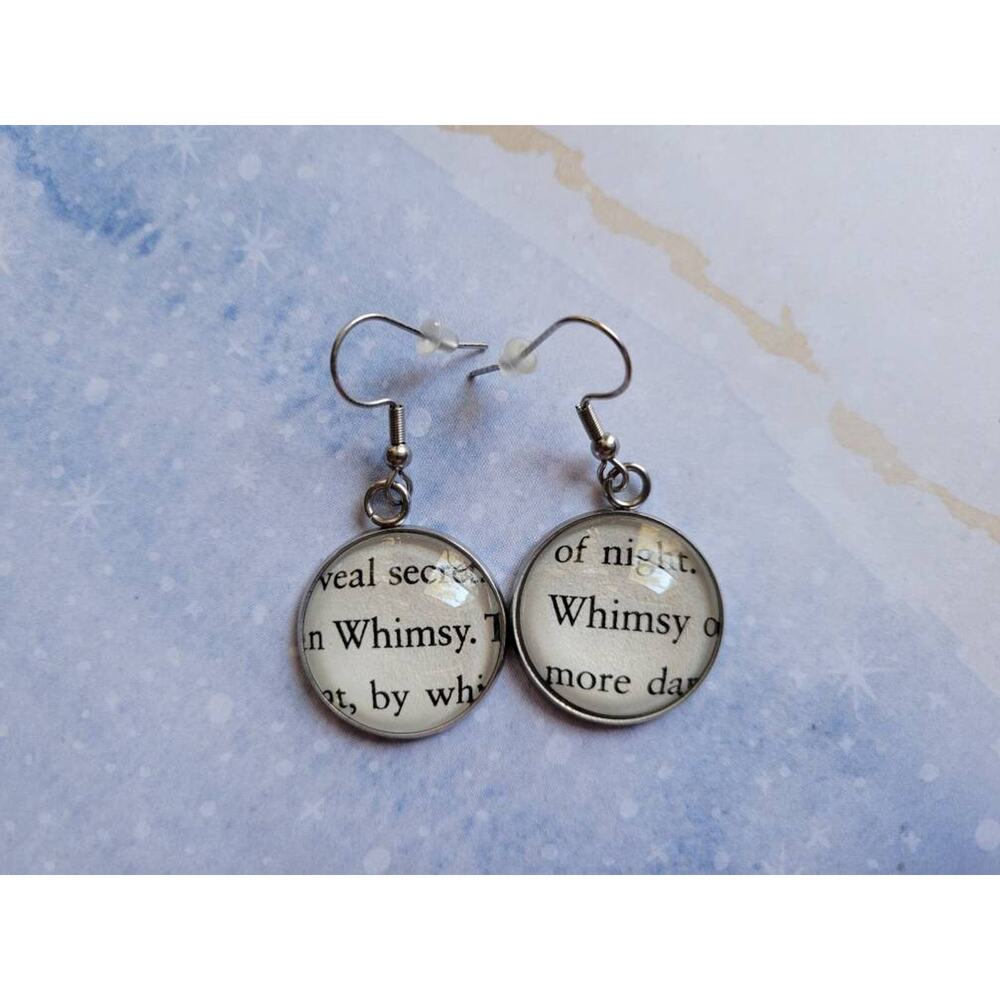 Whimsy pendant earrings made with An Enchantment of Ravens book pages